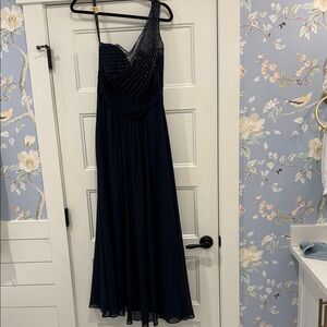 Bill Levkoff Navy One-Shoulder Dress